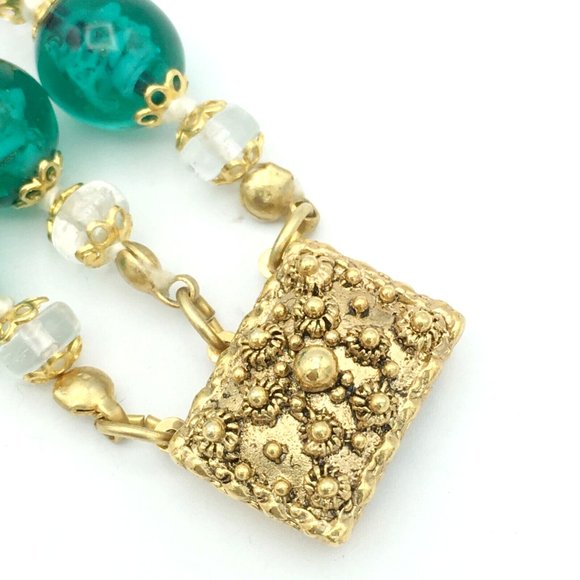 GIVRE glass bead vintage bracelet - 3-strand knotted gold-tone caps fancy clasp - Picture 6 of 8